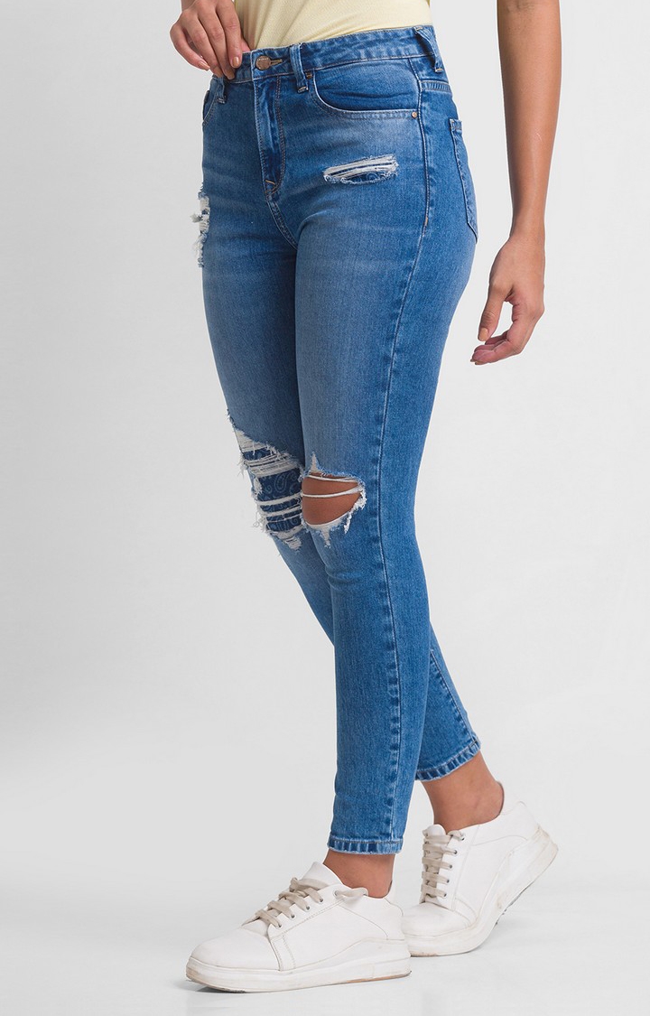 spykar | Women's Blue Cotton Solid Ripped Jeans 3