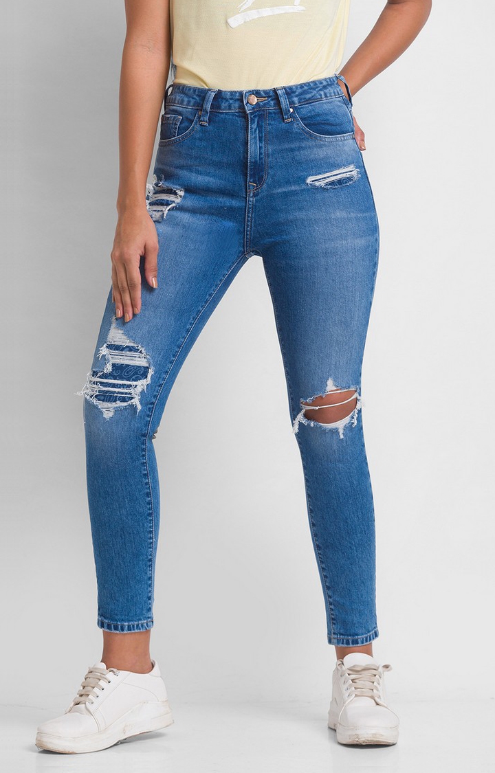 spykar | Women's Blue Cotton Solid Ripped Jeans 0