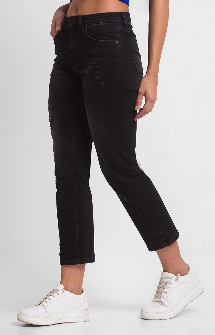 Women's Black Cotton Solid Slim Jeans