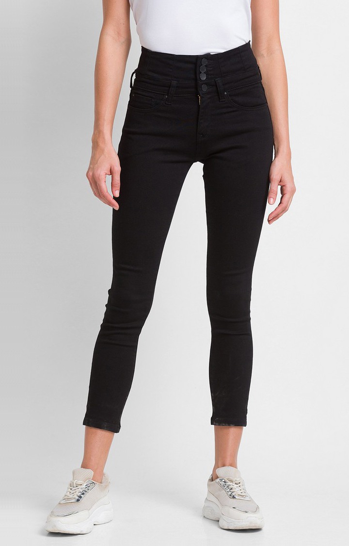 Women's Black Cotton Solid Slim Jeans