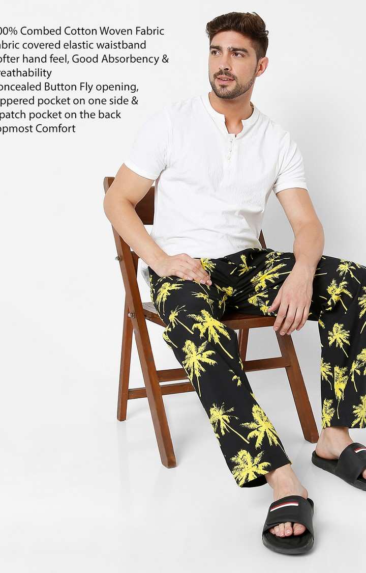 Underjeans By Spykar Men Black & Yellow Cotton Printed Pyjama