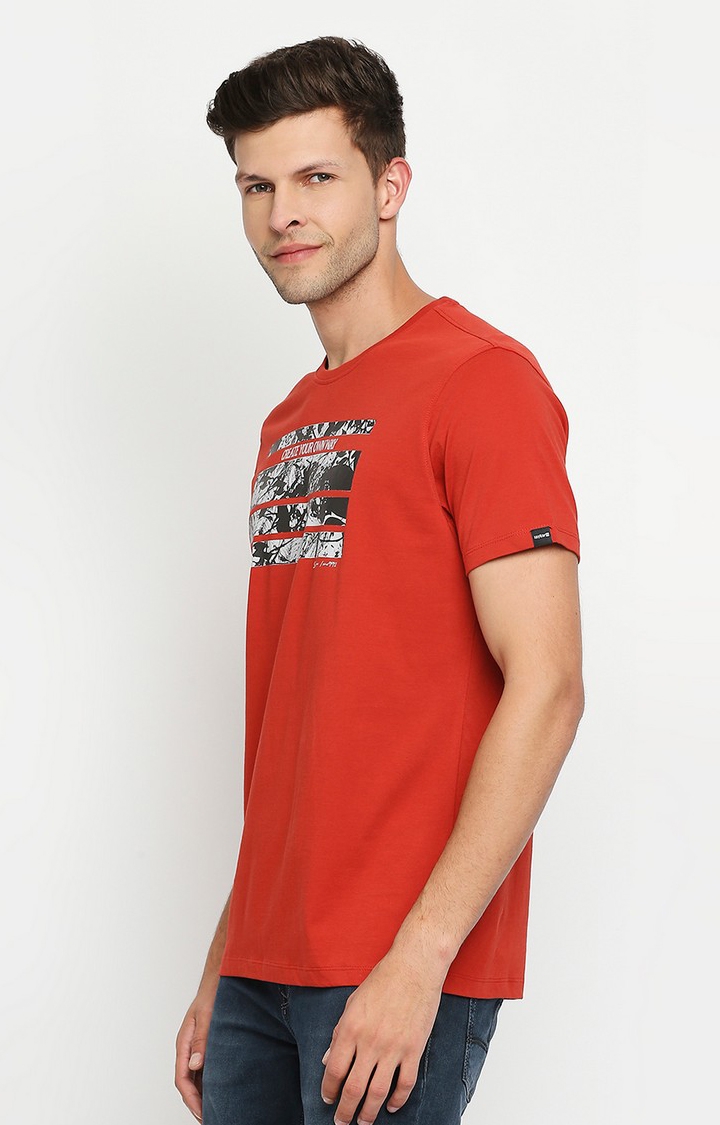 spykar | Spykar Men Orange Cotton Slim Fit Round Neck T-Shirt 2