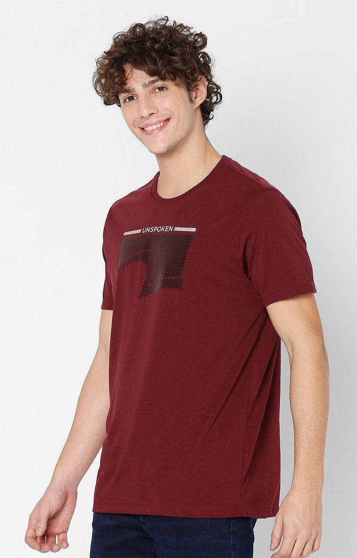 spykar | Spykar Maroon Printed Round Neck T-Shirts For Men 2