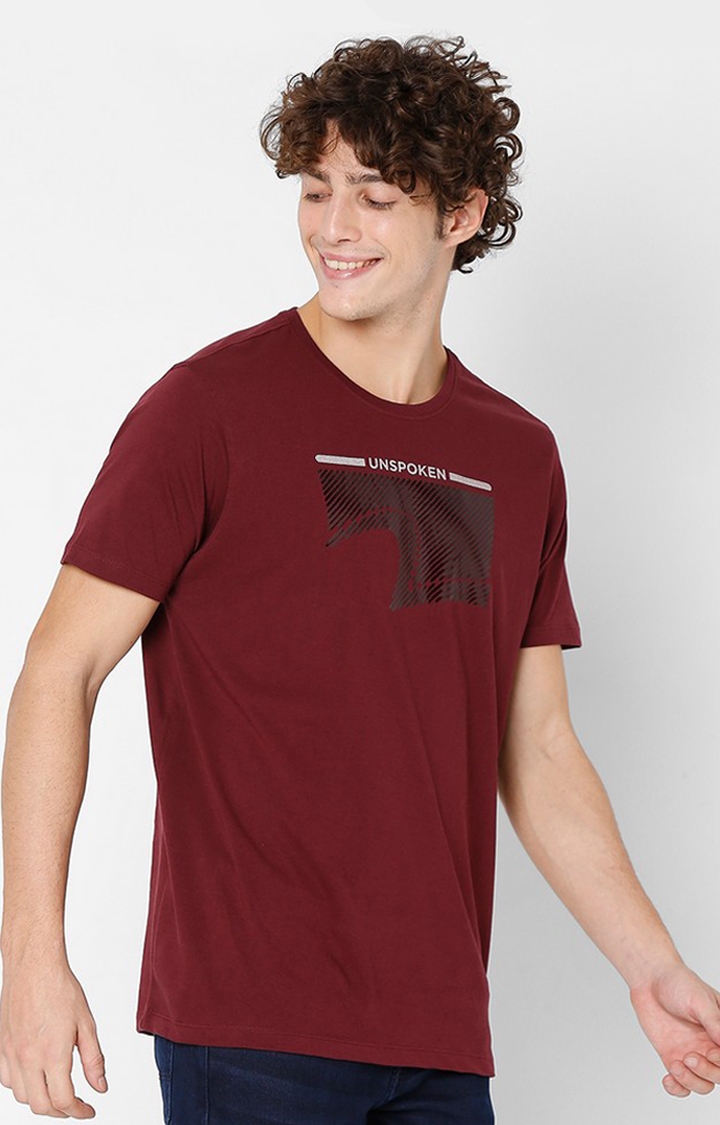 spykar | Spykar Maroon Printed Round Neck T-Shirts For Men 3