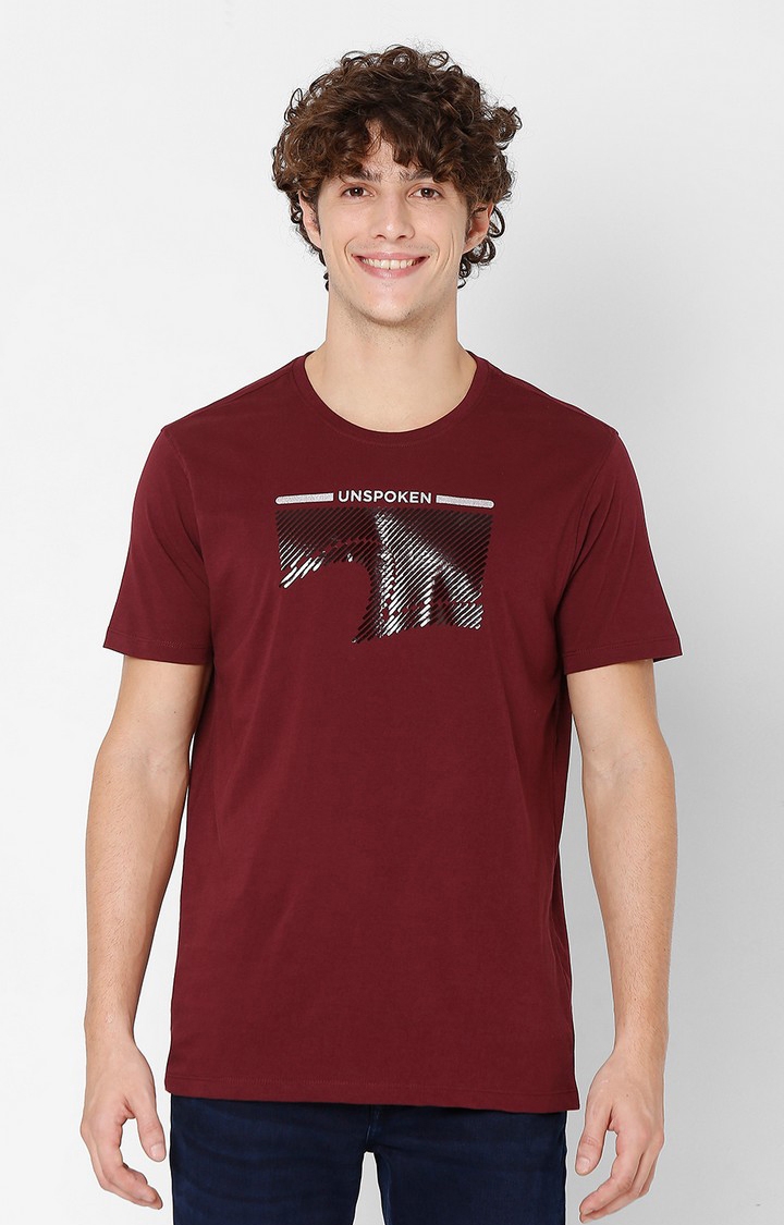 spykar | Spykar Maroon Printed Round Neck T-Shirts For Men 0