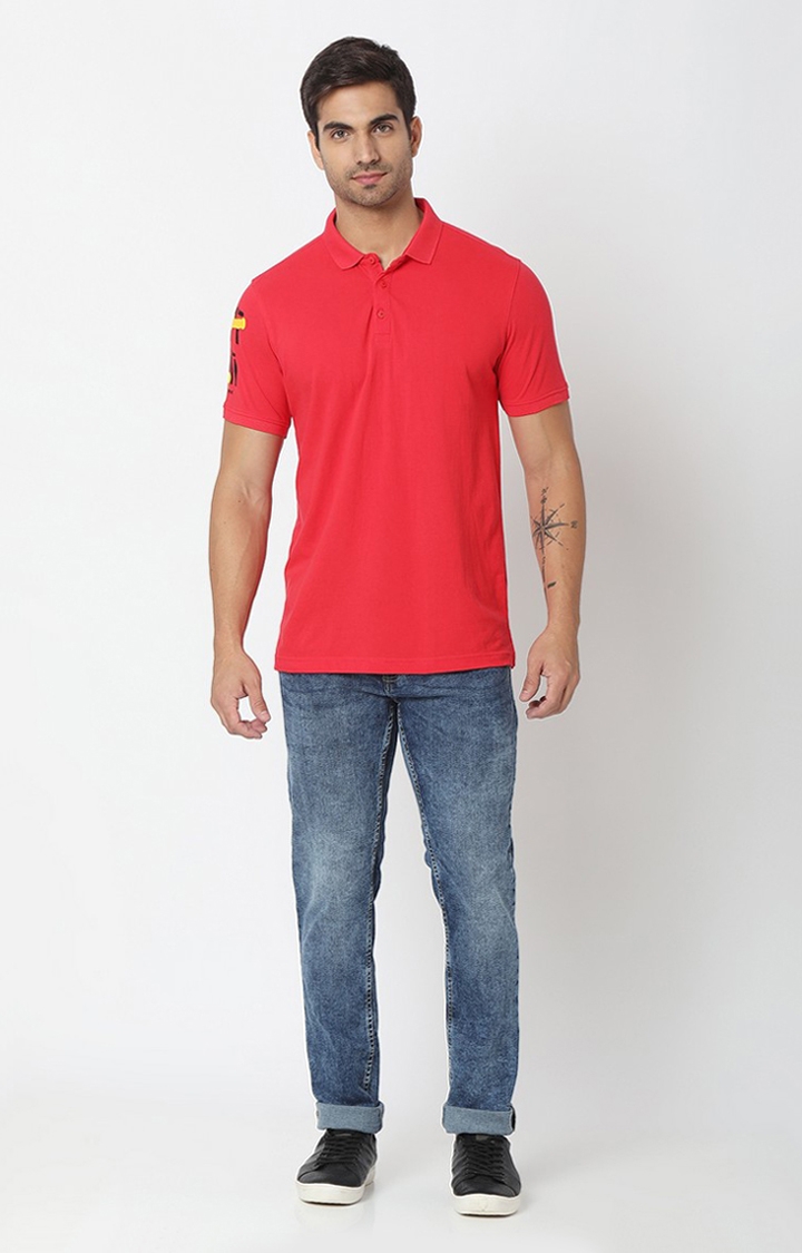 spykar | Spykar Men Pink Cotton Plain Polo T-Shirt 1