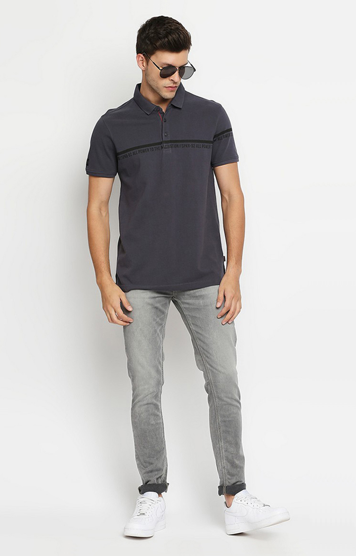 Spykar Grey Cotton Printed Half Sleeve Polo T-Shirt