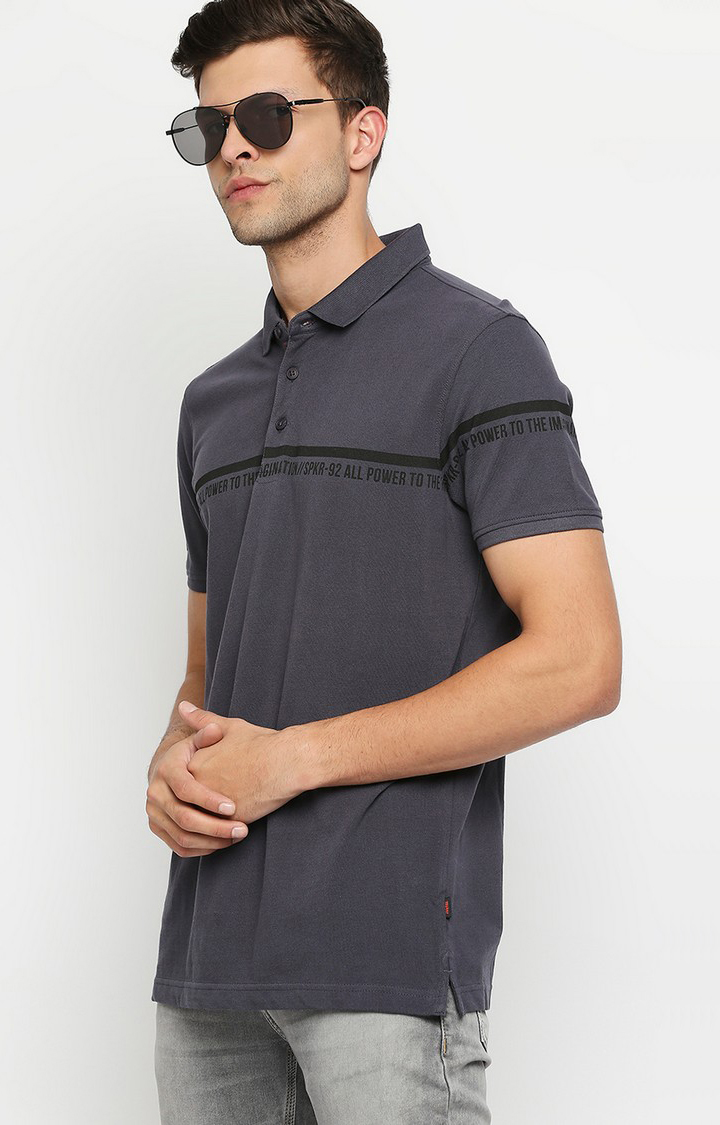 Spykar Grey Cotton Printed Half Sleeve Polo T-Shirt