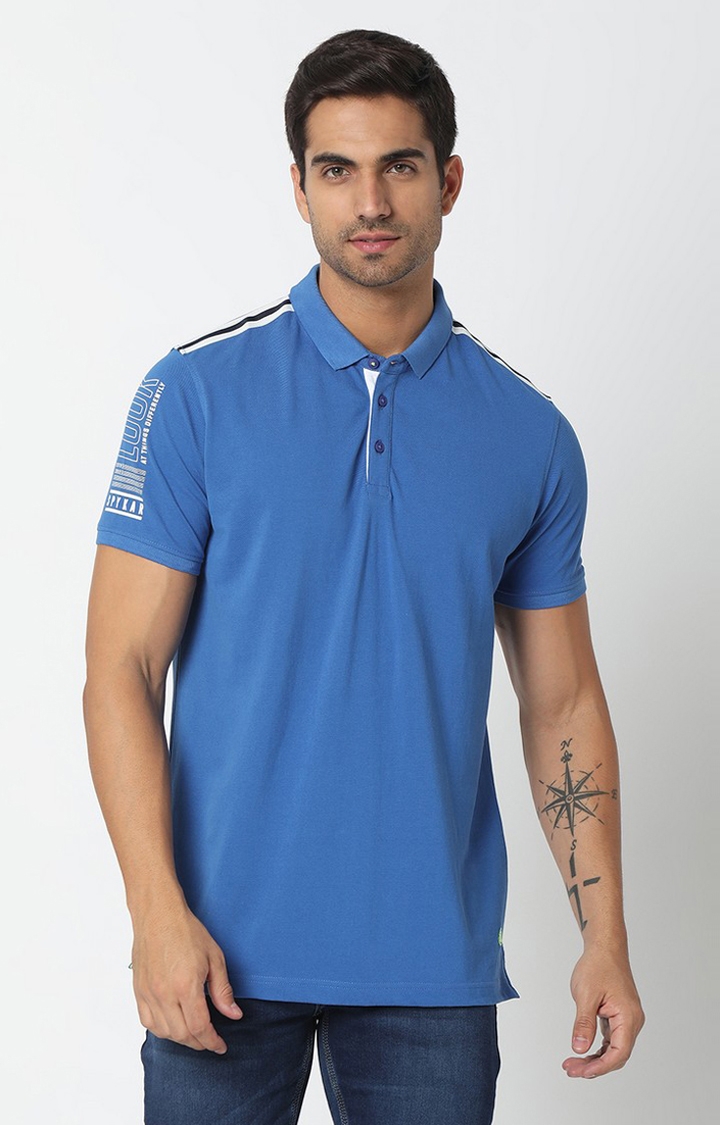 spykar | Spykar Men Blue Cotton Plain Polo T-shirt 0