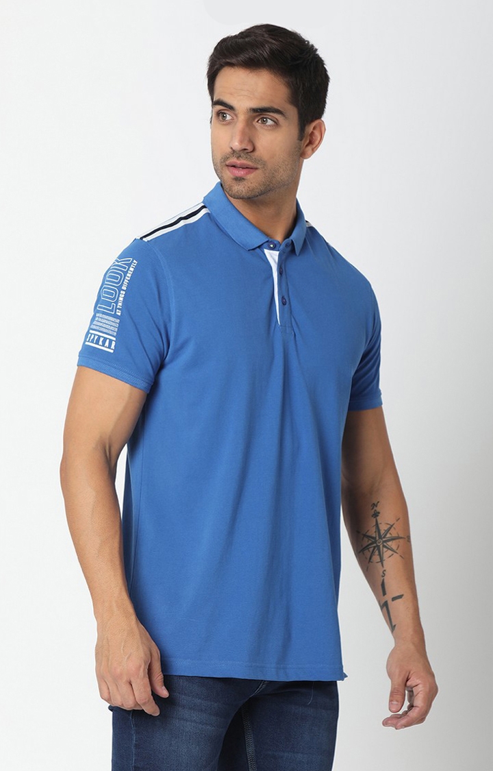 spykar | Spykar Men Blue Cotton Plain Polo T-shirt 3