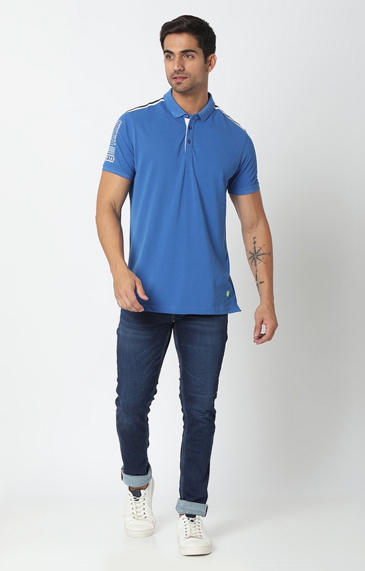 spykar | Spykar Men Blue Cotton Plain Polo T-shirt 1