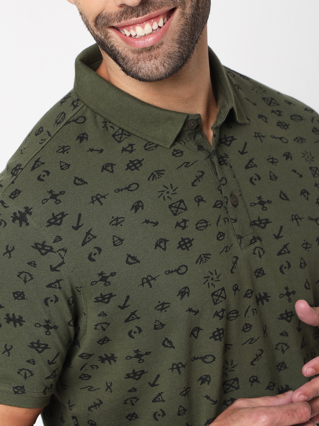 Spykar Men Rifle Green Cotton Slim Fit Printed Polo Tshirt