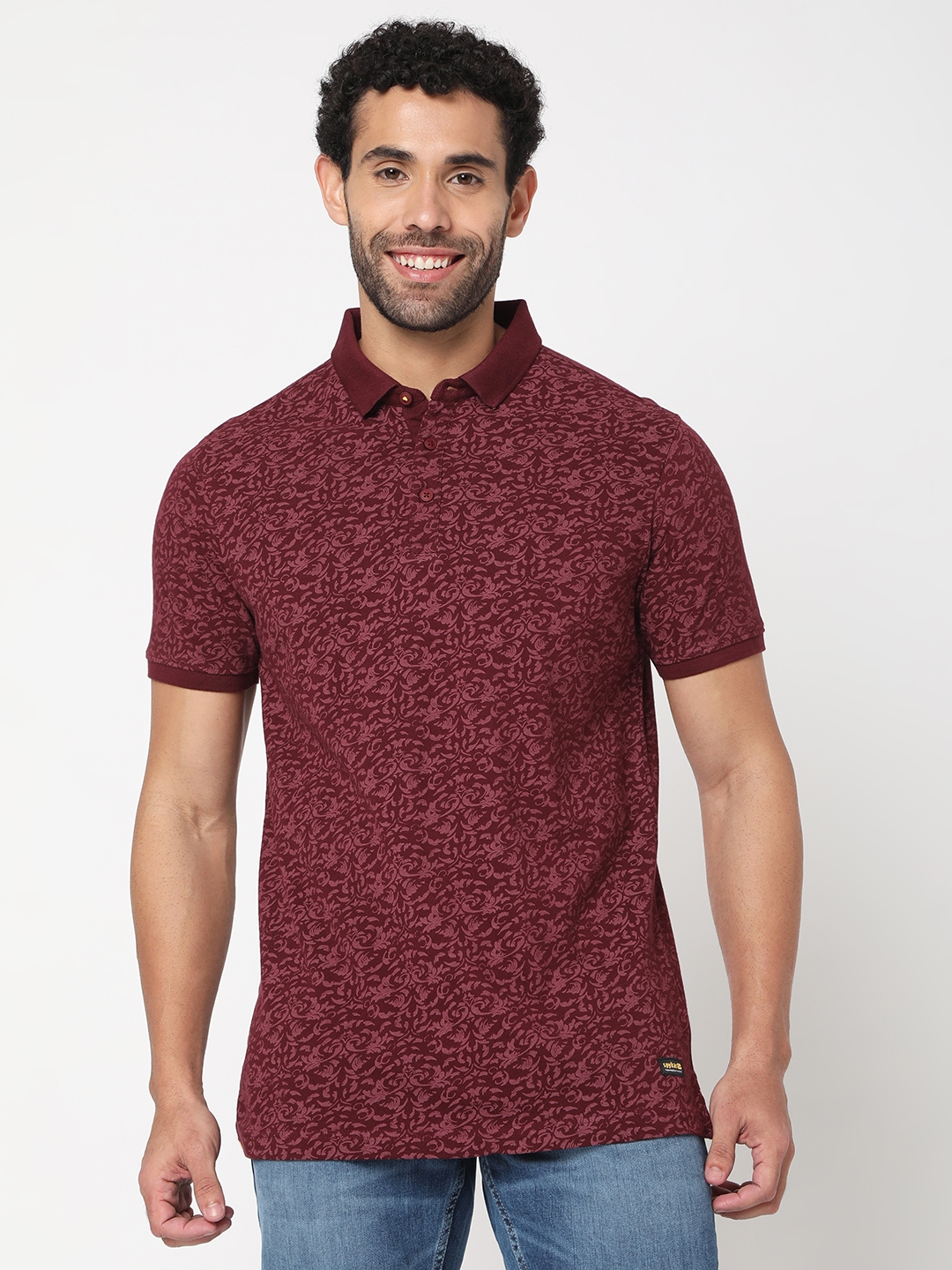 spykar | Spykar Men Wine Cotton Slim Fit Printed Polo Tshirt 0