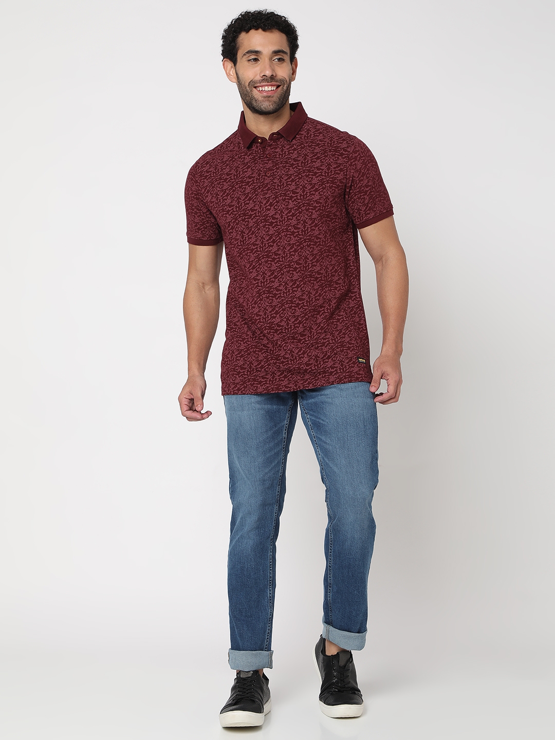 spykar | Spykar Men Wine Cotton Slim Fit Printed Polo Tshirt 5