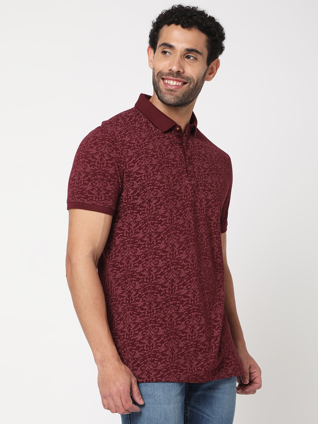spykar | Spykar Men Wine Cotton Slim Fit Printed Polo Tshirt 2