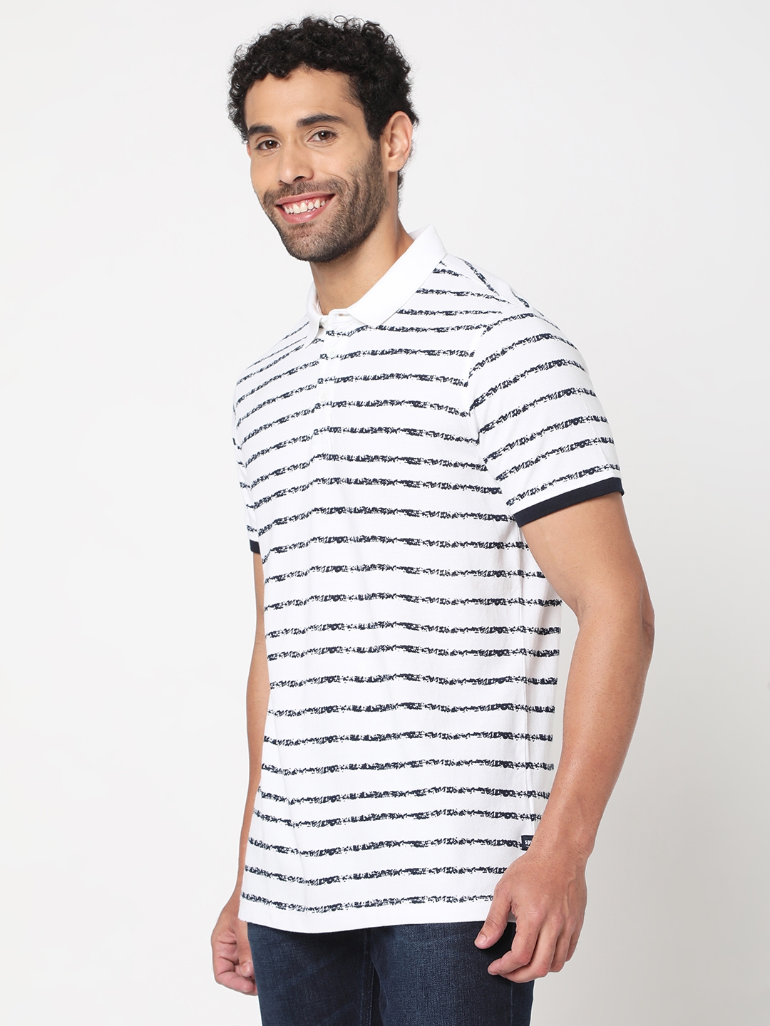 spykar | Spykar Men White Cotton Half Sleeve Striped Polo Tshirt 1