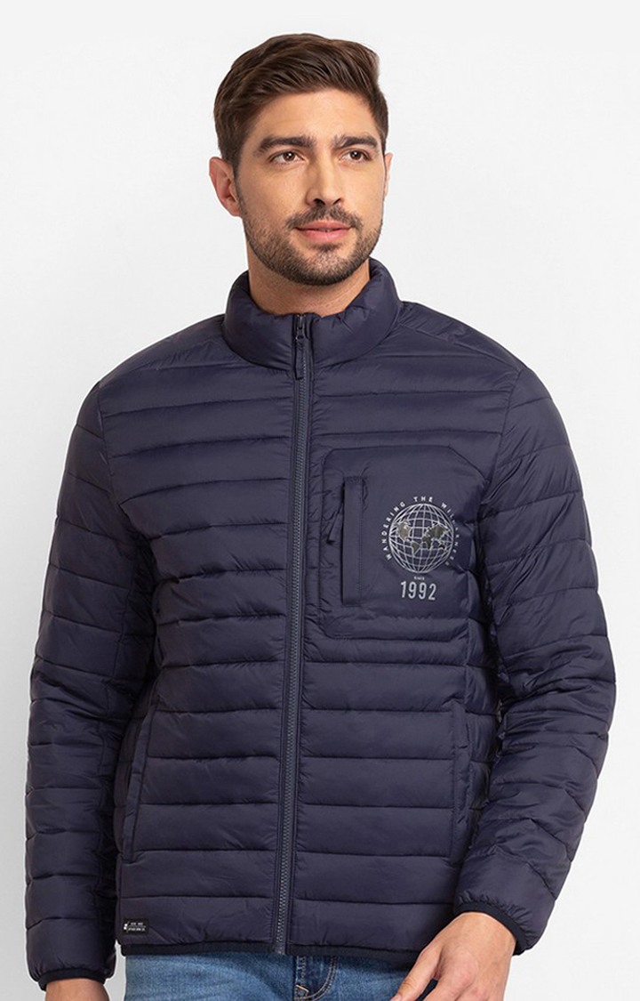 Spykar Navy Blue Bomber Jacket For Men