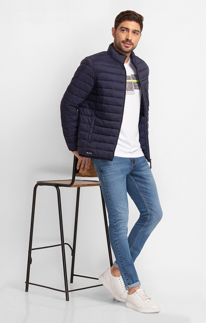 Spykar Navy Blue Bomber Jacket For Men