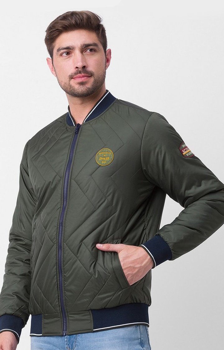 spykar | Spykar Olive Green Navy Blue Polyester Full Sleeve Casual Bomber Jacket For Men 3