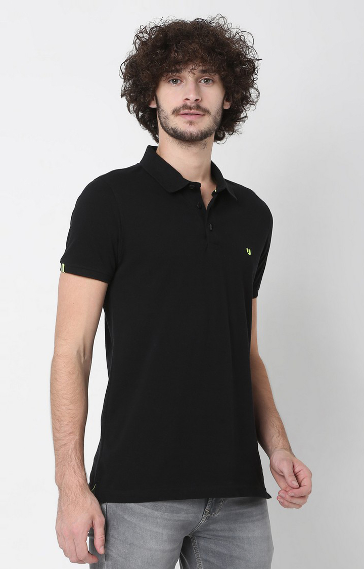 Spykar Black Cotton Slim Fit Polo T-Shirt For Men