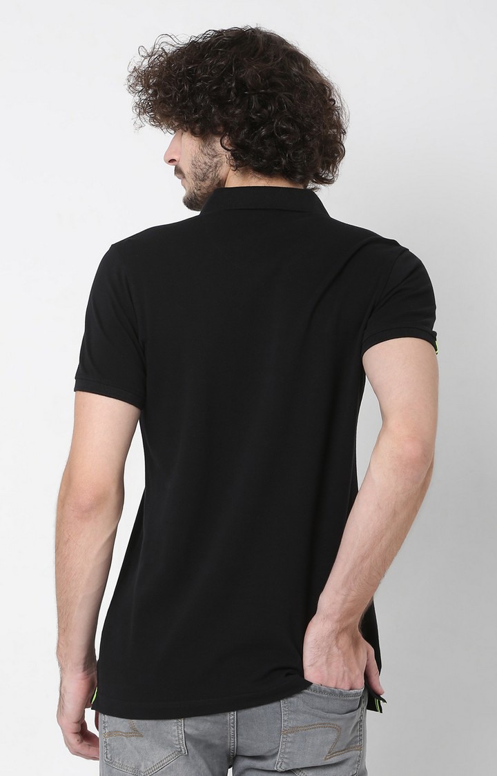 Spykar Black Cotton Slim Fit Polo T-Shirt For Men