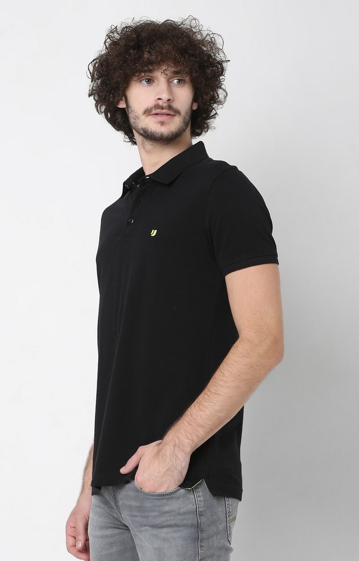 Spykar Black Cotton Slim Fit Polo T-Shirt For Men