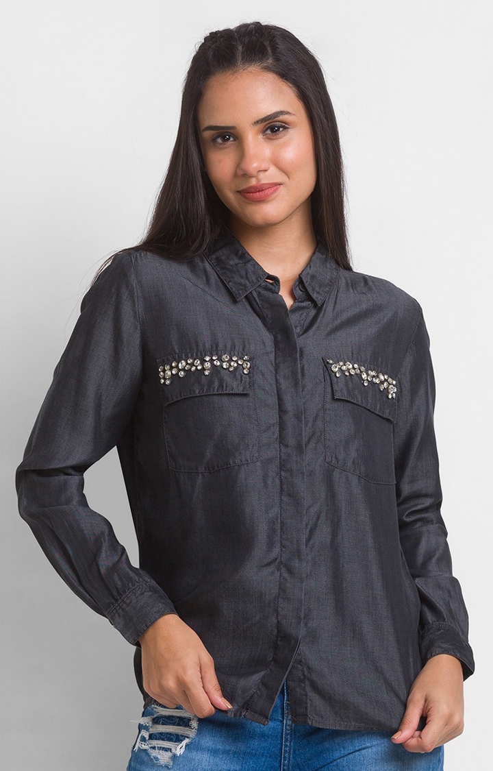 spykar | Women's Black Satin Solid Casual Shirts 0