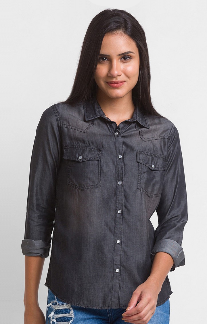 spykar | Women's Black Cotton Solid Casual Shirts 0