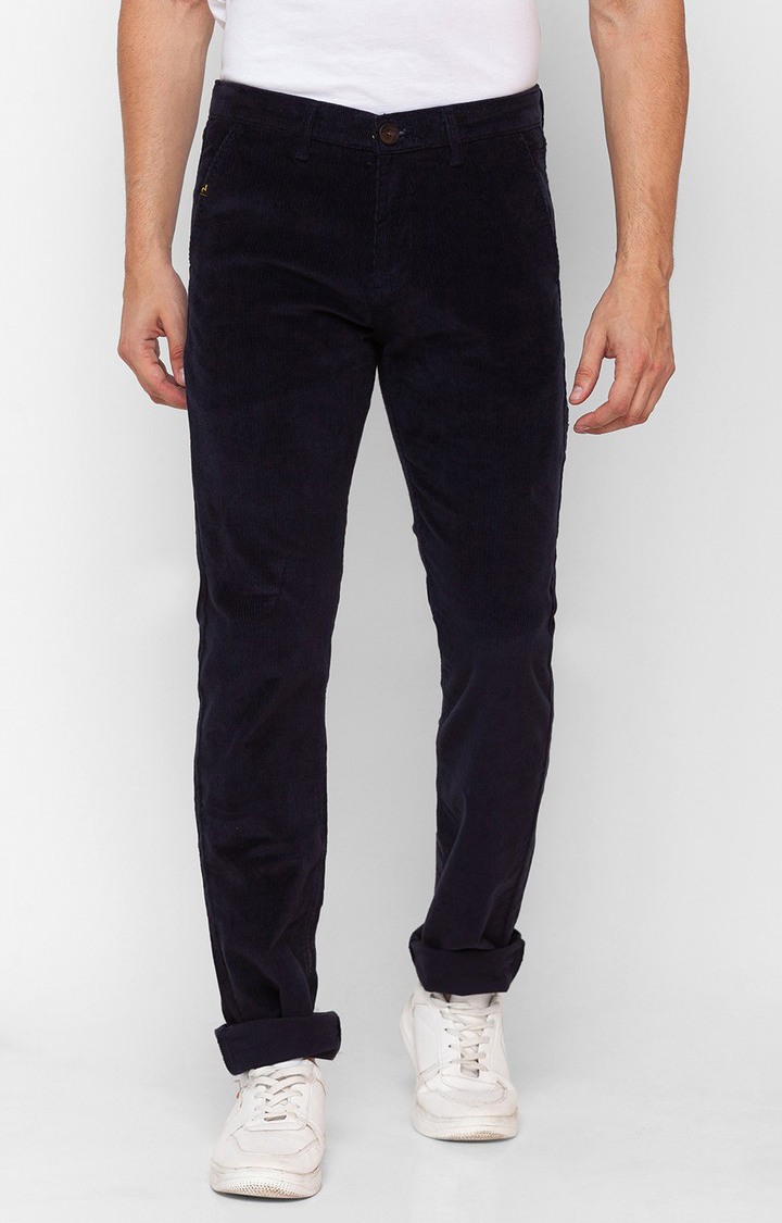 Men's Blue Cotton Solid Trousers