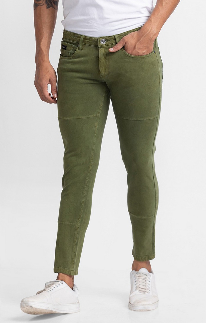 spykar | Men's Green Cotton Solid Trousers 0