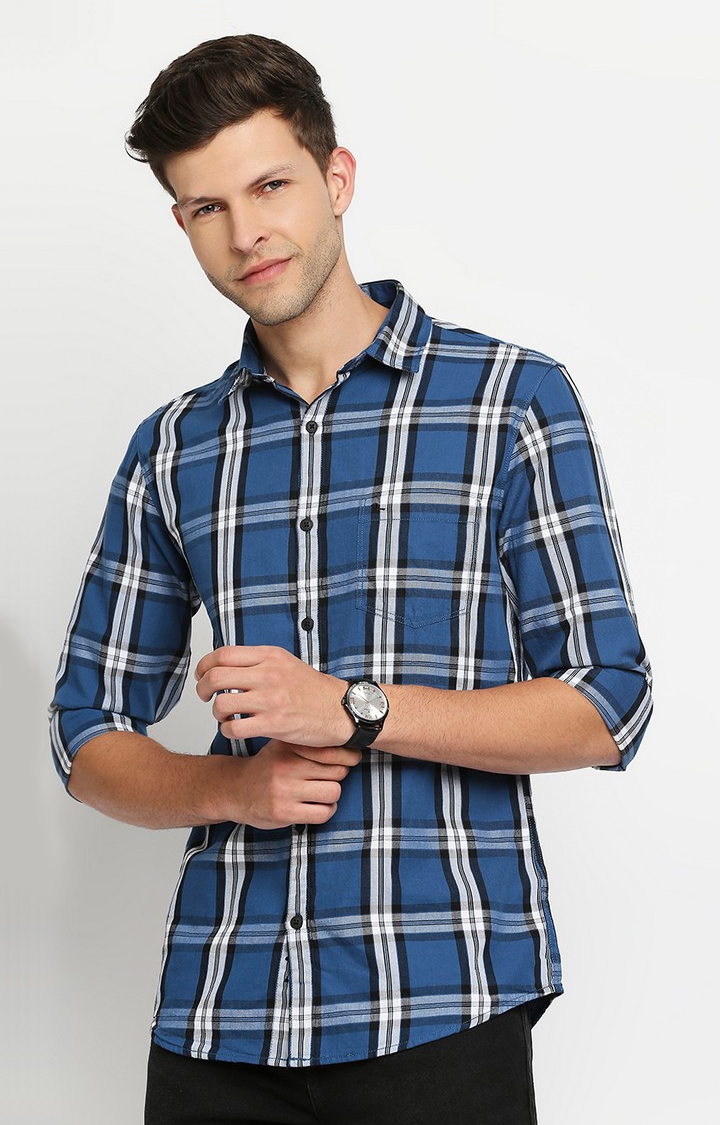 spykar | Men's Blue Cotton Checked Casual Shirts 2
