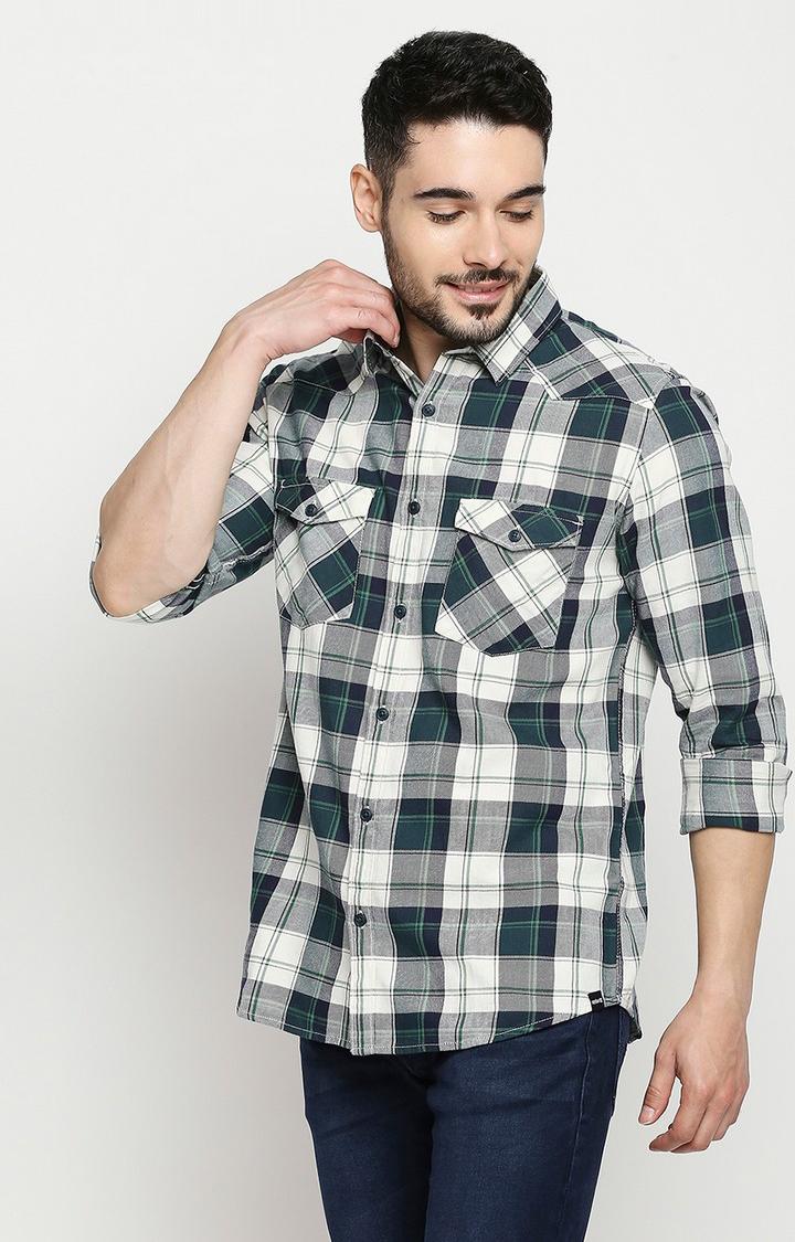 Men's Green Cotton Checked Casual Shirts