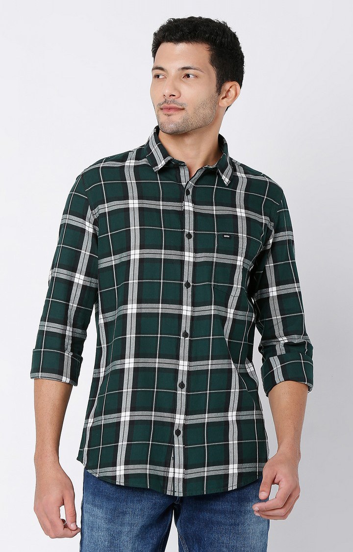 Men's Green Cotton Checked Casual Shirts