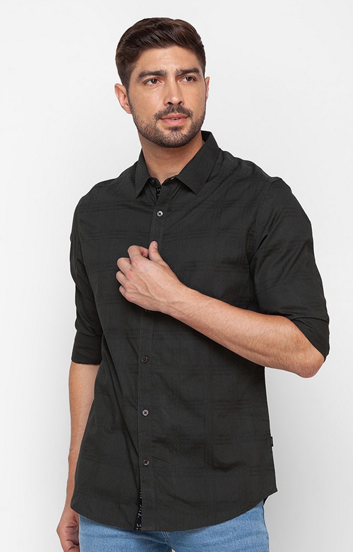 Spykar | Men's Black Cotton Blend Solid Casual Shirts 0