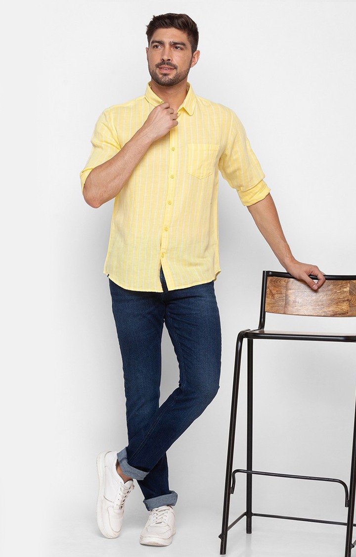 Men's Yellow Cotton Striped Casual Shirts