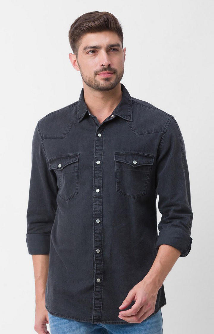 Men's Grey Cotton Solid Casual Shirts