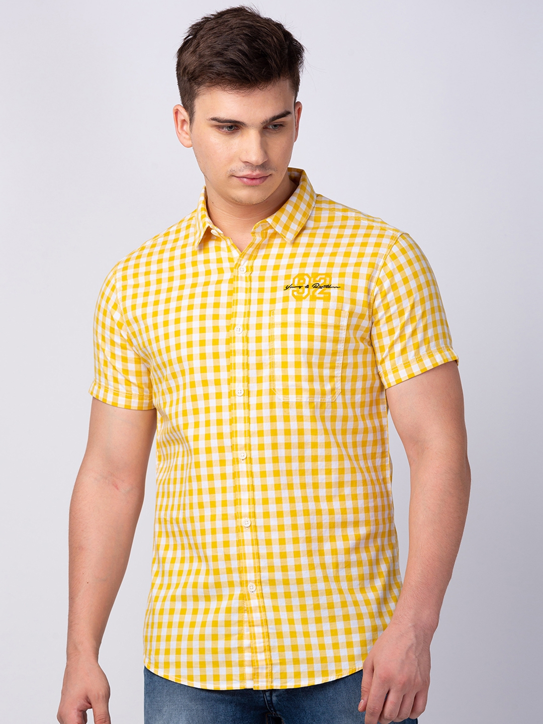 Spykar | Men's Yellow Cotton Checked Casual Shirts 0