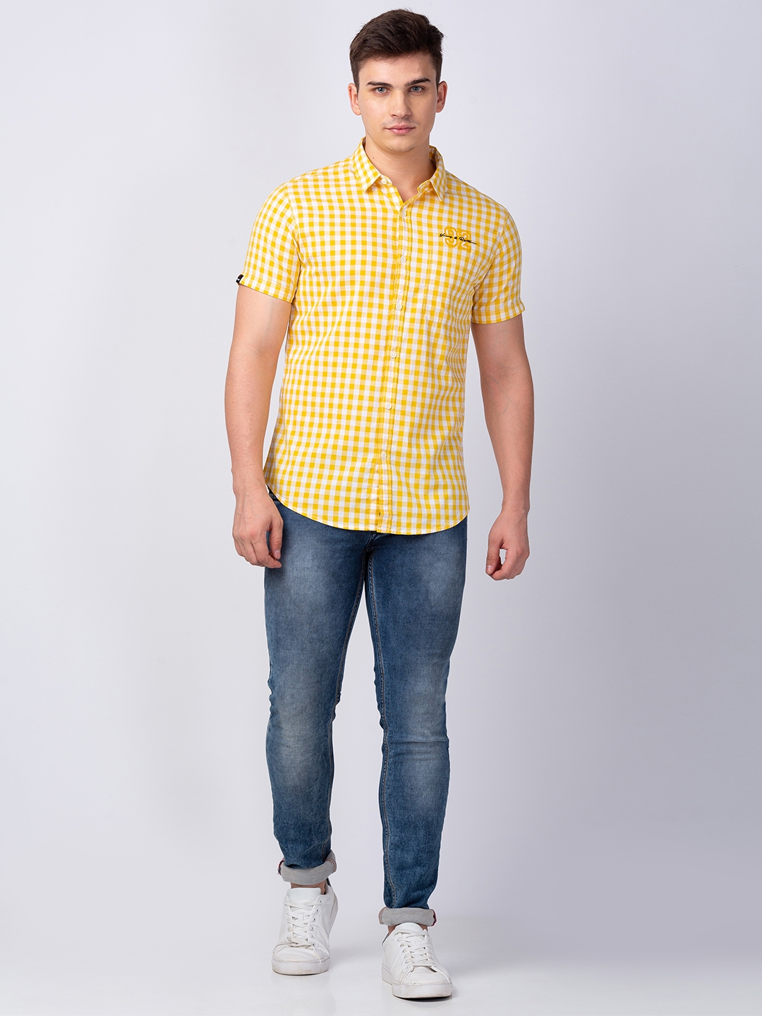 Spykar | Men's Yellow Cotton Checked Casual Shirts 1