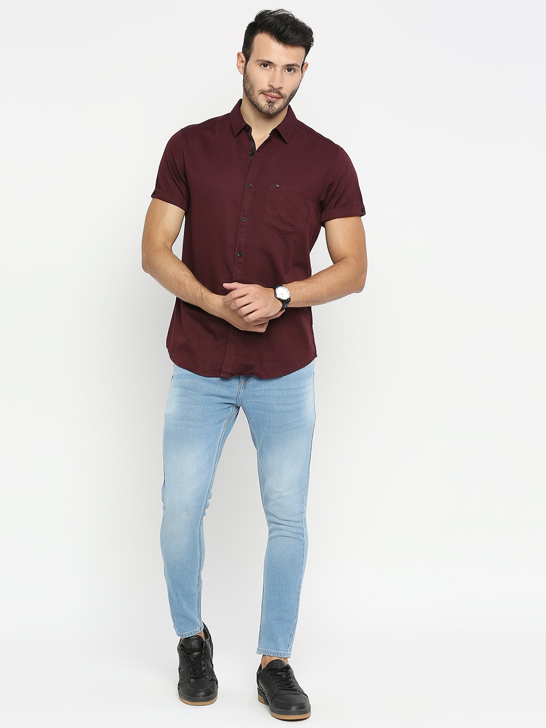 Men's Red Cotton Solid Casual Shirts
