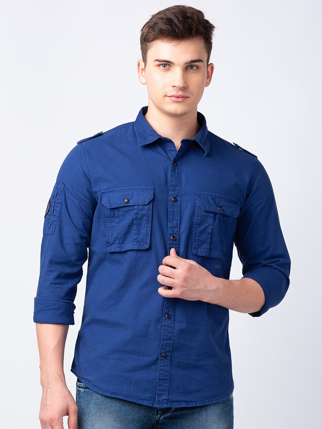 Spykar | Men's Blue Cotton Solid Casual Shirts 0