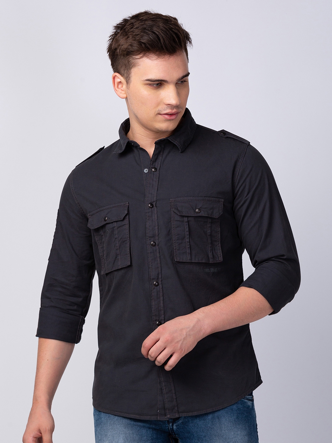 Spykar | Men's Grey Cotton Solid Casual Shirts 0