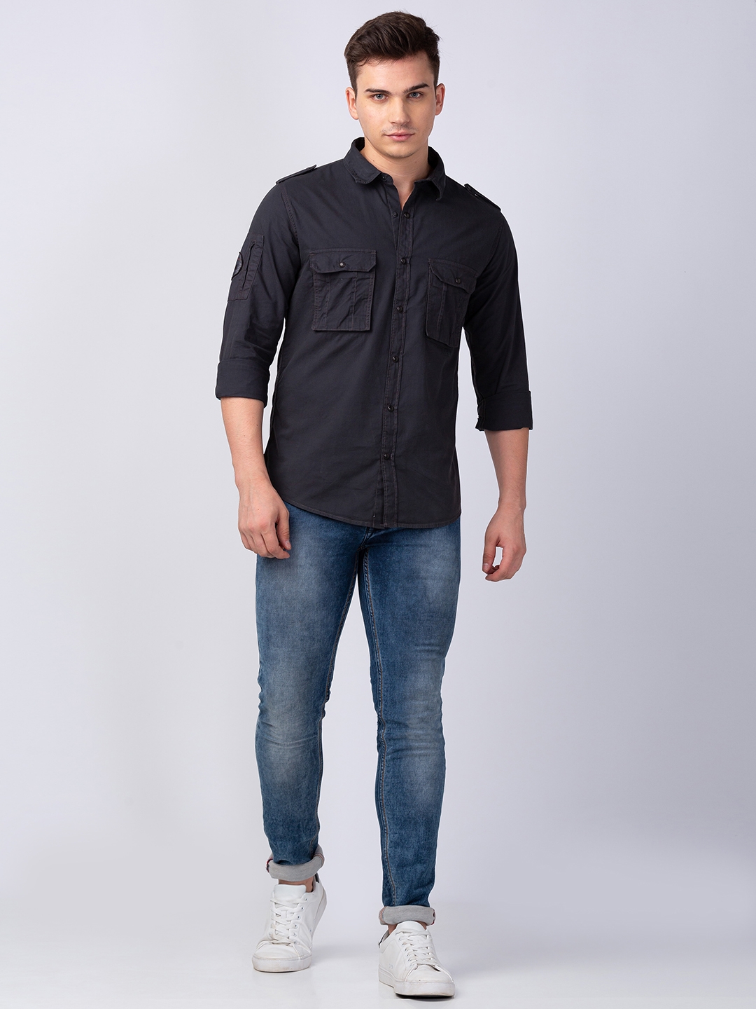 Spykar | Men's Grey Cotton Solid Casual Shirts 1