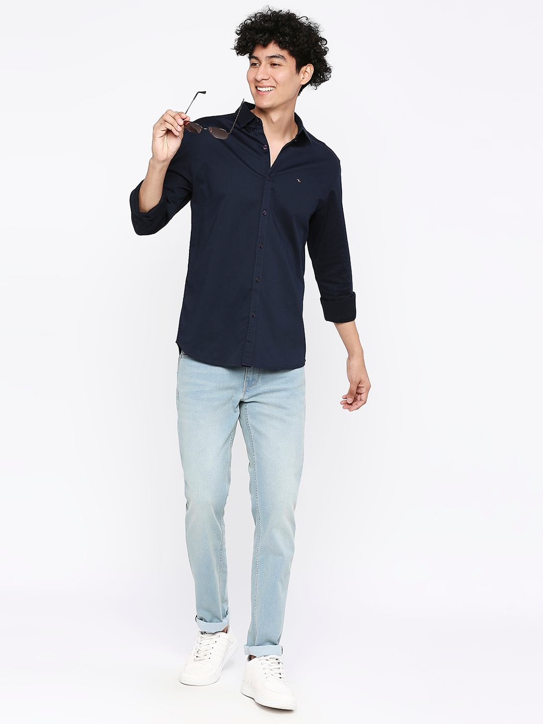 spykar | Spykar Men Navy Blue Cotton Slim Fit Plain Shirt 5
