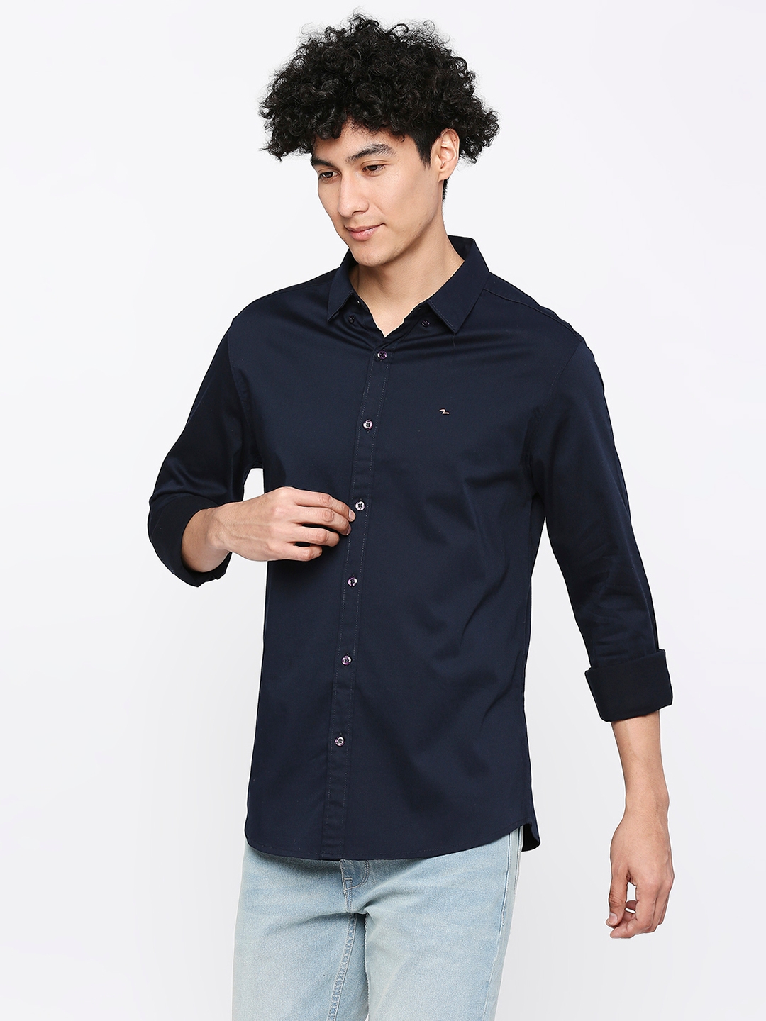 spykar | Spykar Men Navy Blue Cotton Slim Fit Plain Shirt 1