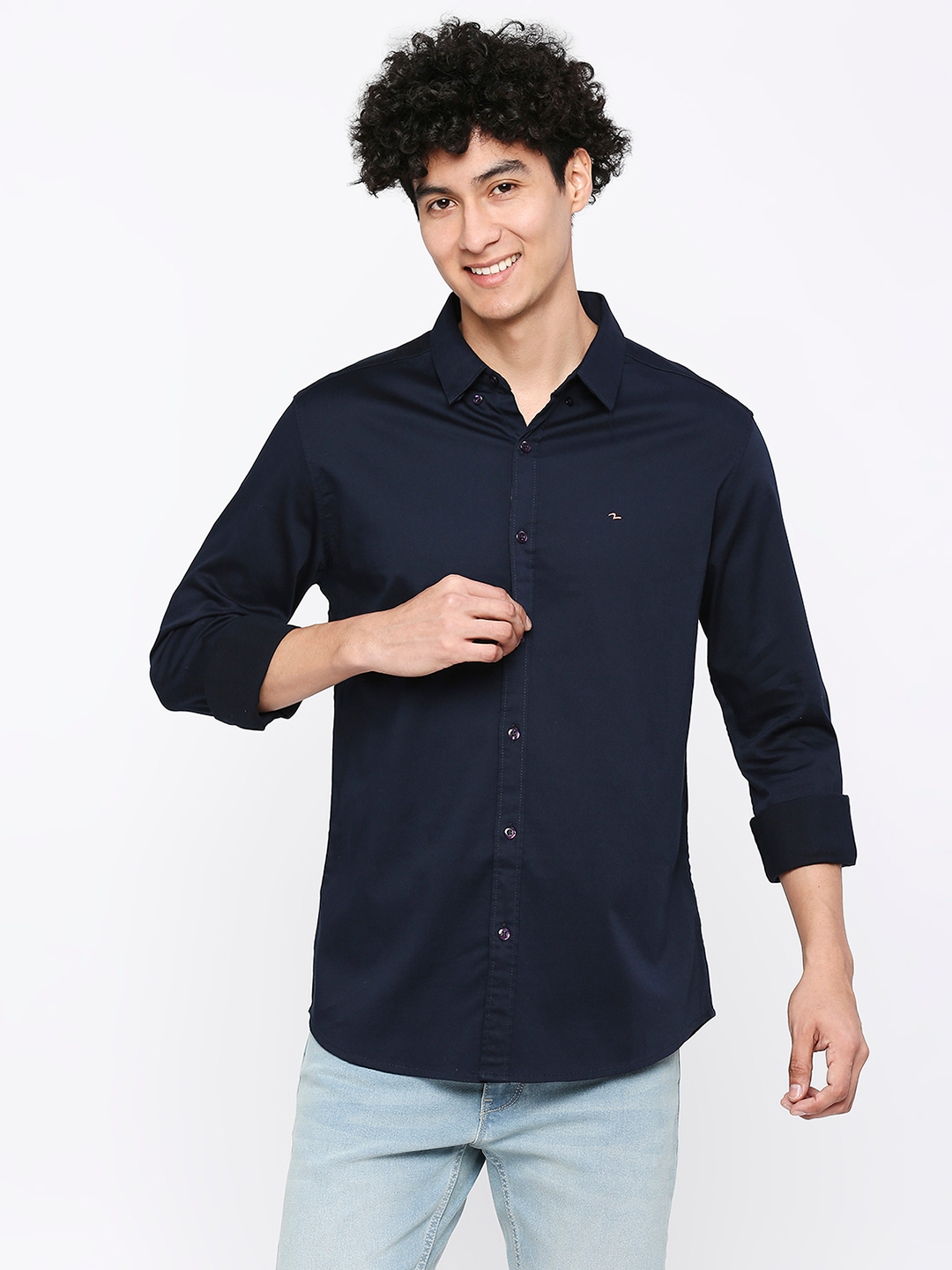 spykar | Spykar Men Navy Blue Cotton Slim Fit Plain Shirt 0