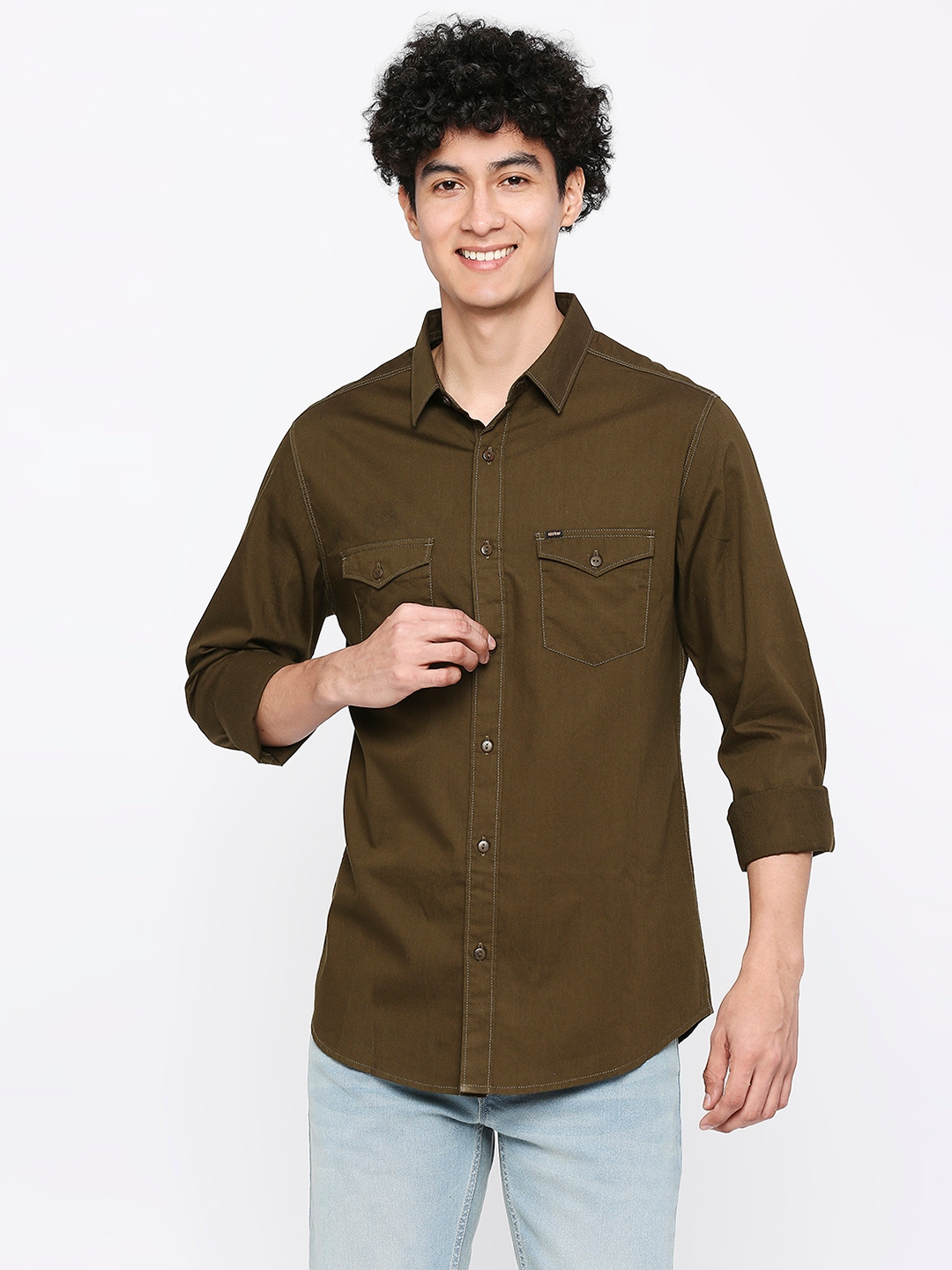 spykar | Spykar Men Military Green Cotton Slim Fit Plain Shirt 0