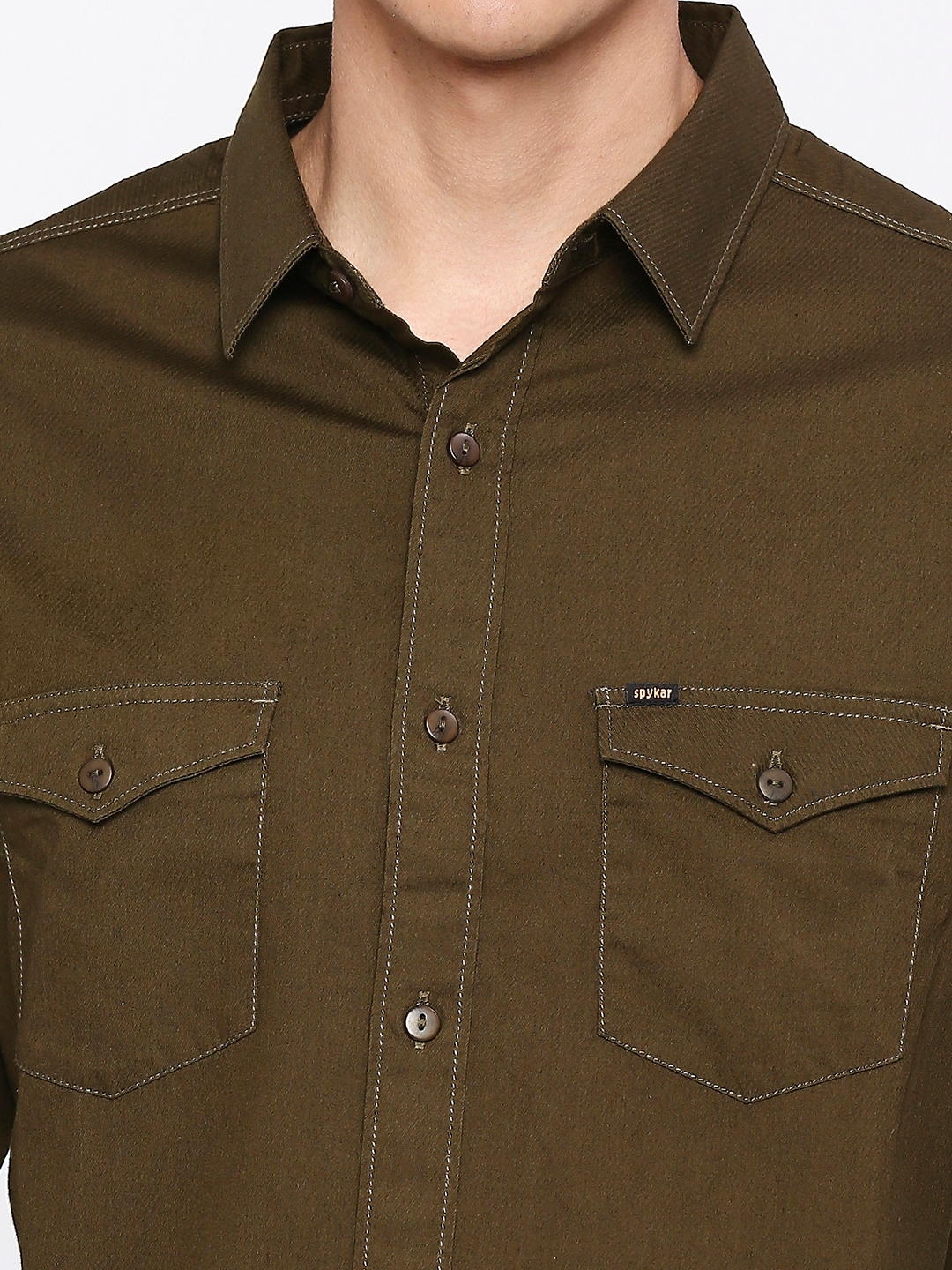 spykar | Spykar Men Military Green Cotton Slim Fit Plain Shirt 4