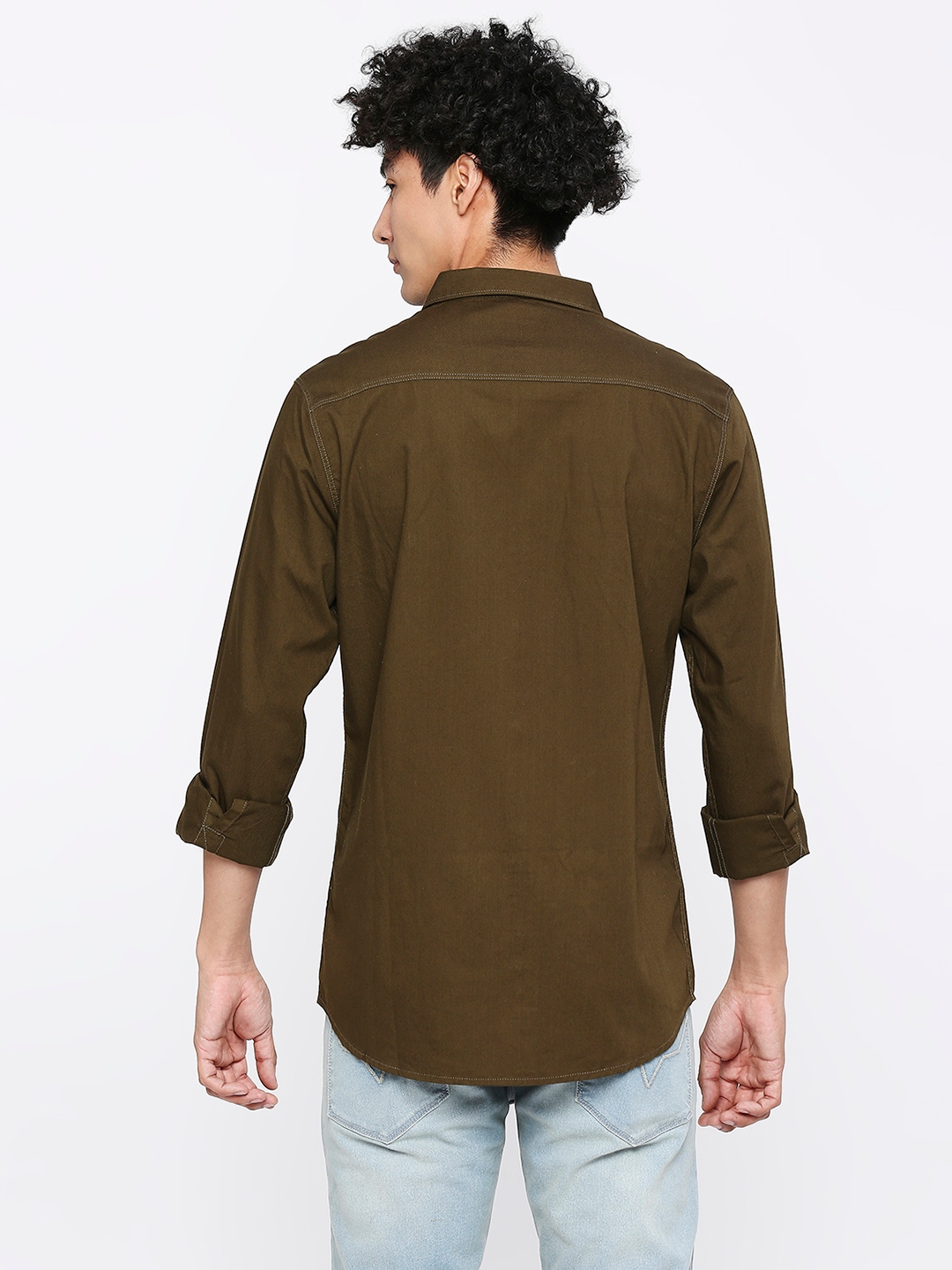 spykar | Spykar Men Military Green Cotton Slim Fit Plain Shirt 3