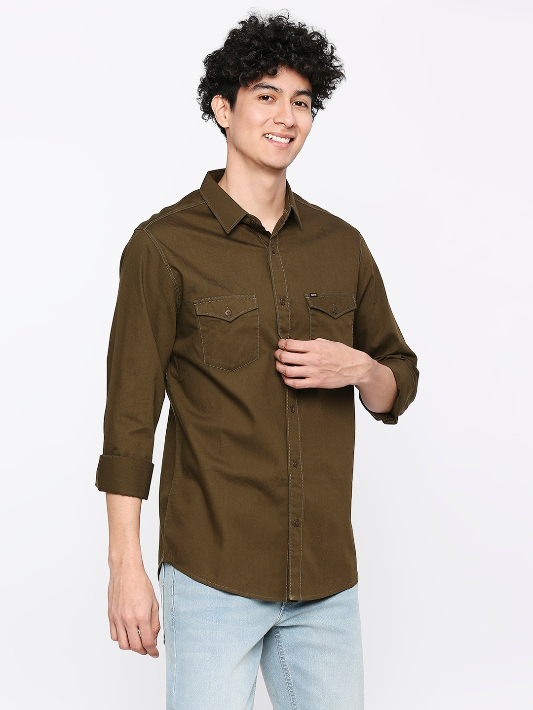 spykar | Spykar Men Military Green Cotton Slim Fit Plain Shirt 2