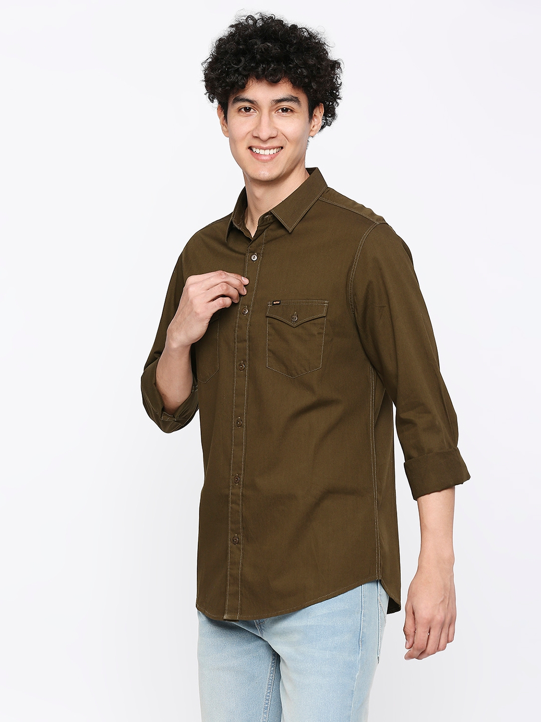 spykar | Spykar Men Military Green Cotton Slim Fit Plain Shirt 1